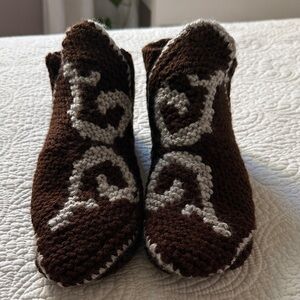 Men’s Handmade Brown Crocheted Slipper Socks with Grey Accents